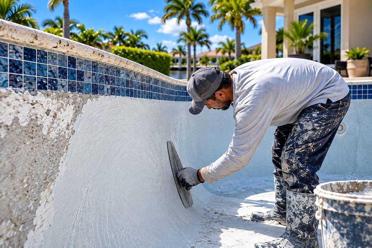 Pool technician troweling new white plaster during an inground pool resurfacing in Fort Lauderdale, FL