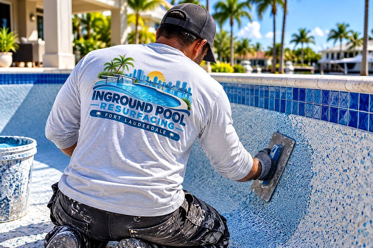 Technician hand-troweling a quartz pool finish below new waterline tile in Fort Lauderdale, FL